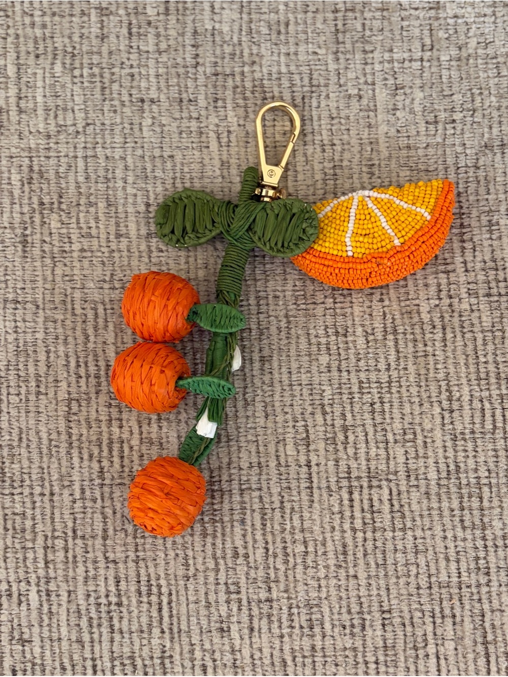 Orange Bead & Raffia Fruit Keychain Bag Charm - Green/Orange